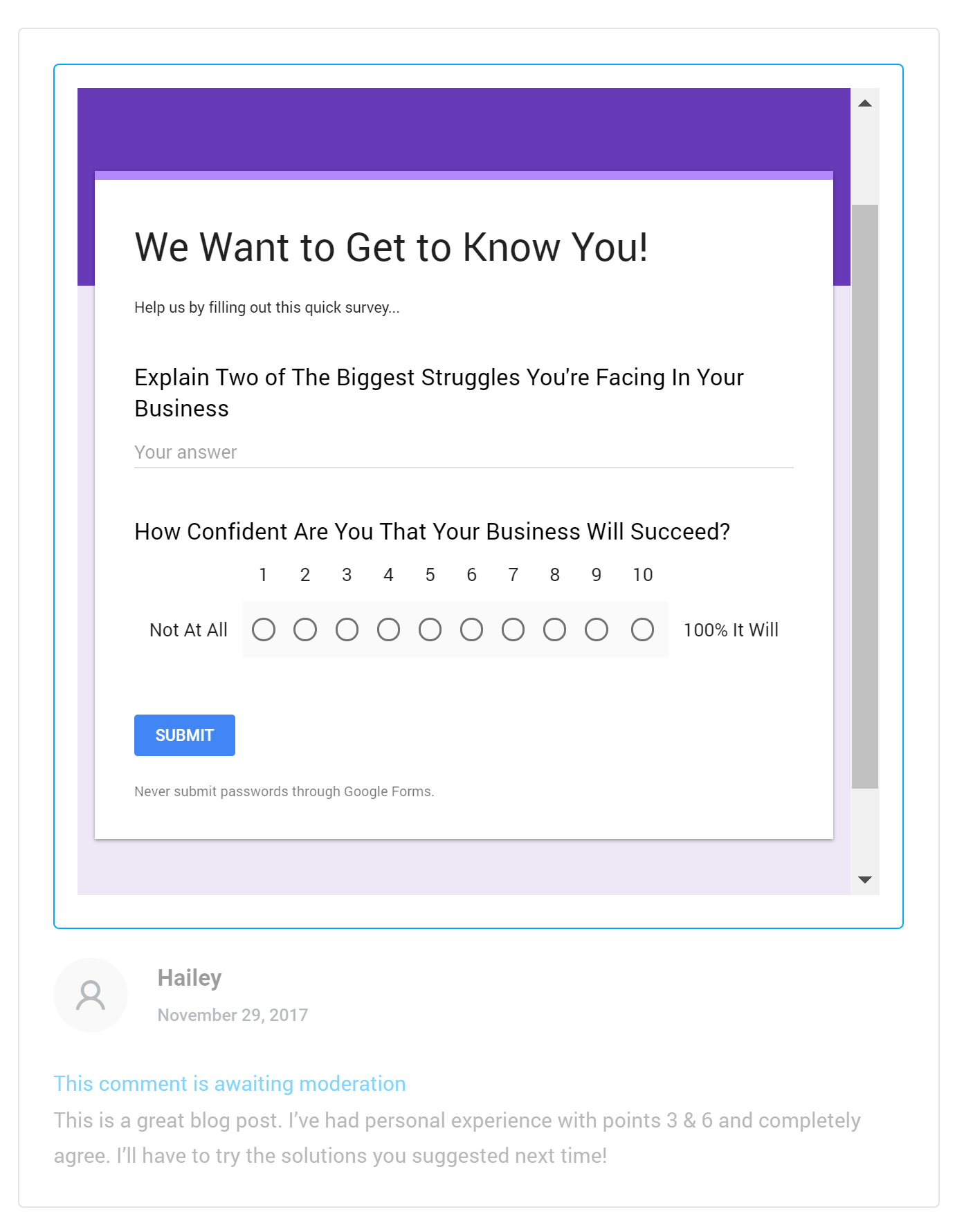 Google Survey for Commenters Survey in exchange of WordPress comments