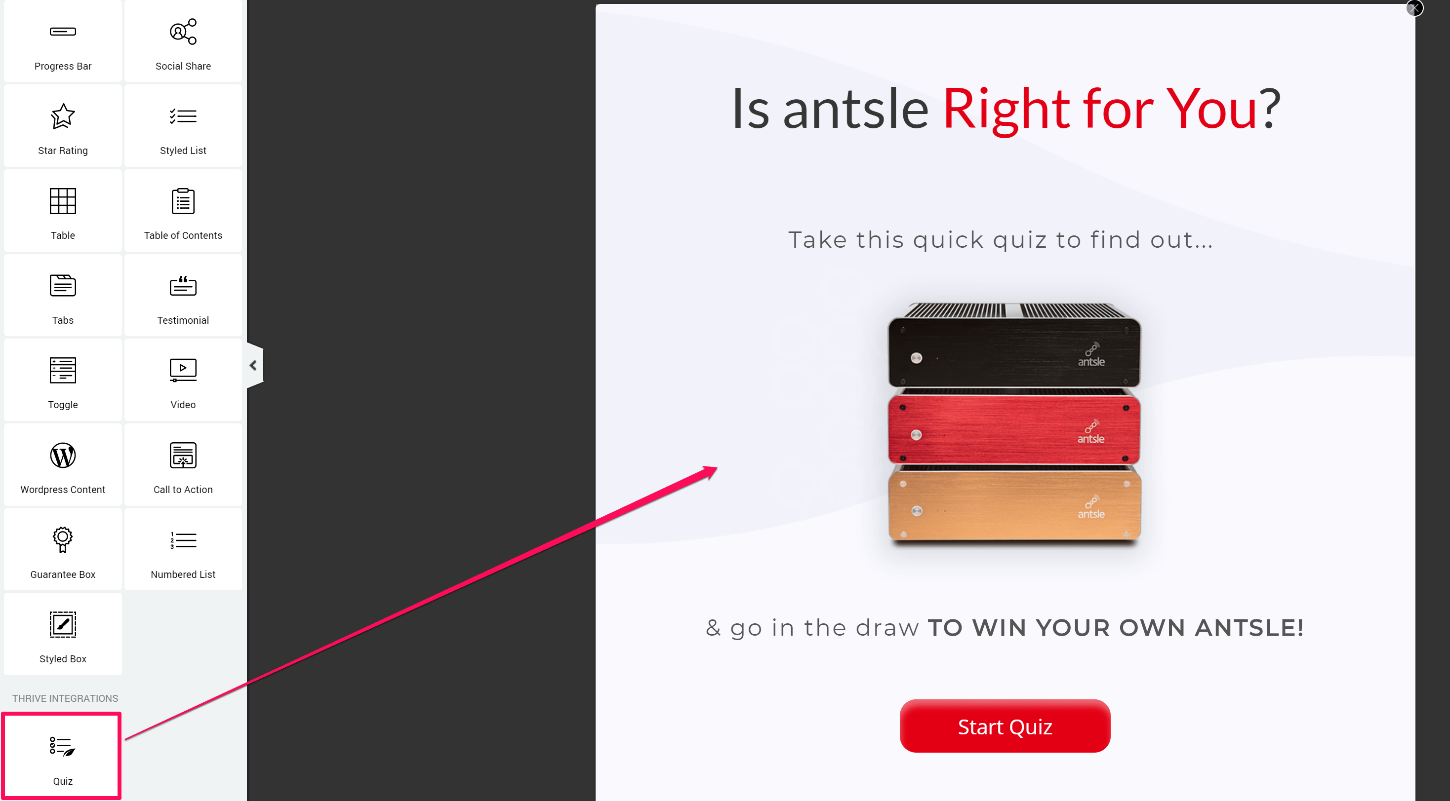 adding quiz to lightbox