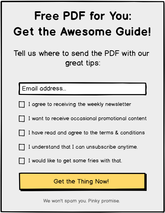 Example of an opt-in form with checkbox overkill Opt-in form with too many checkboxes. GDPR compliant, but not user friendly.