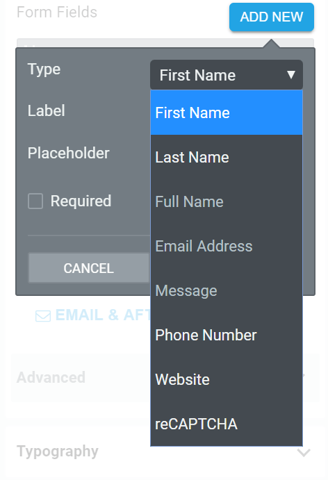 Contact form fields Input field choices in the contact form including First Name, Last Name, Full Name, Email Address, Message, Phone Number, Website and Captcha