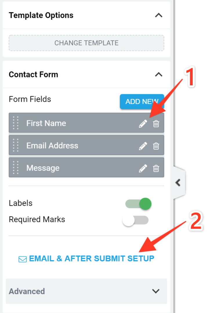 Contact form settings Screenshot of the Thrive Architect contact form settings
