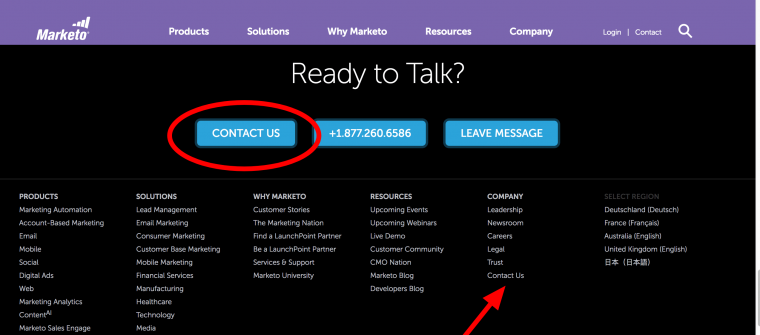 Marketo BOP Marketo links to contact in footer