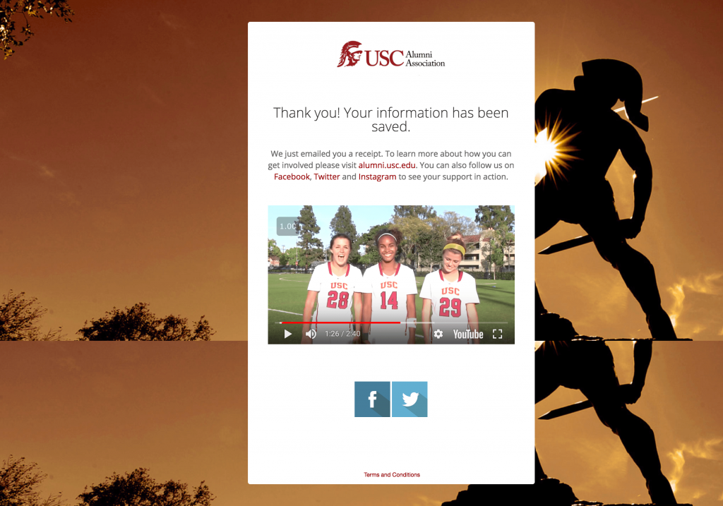 USC Alumni Thank You page