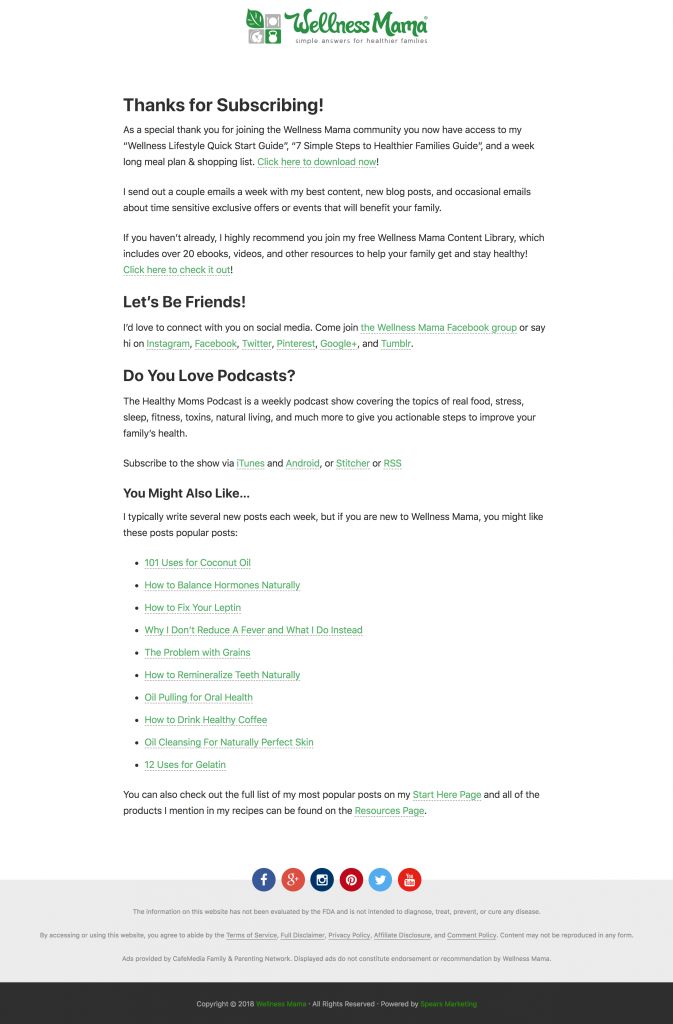 Wellness Mama Thank You page