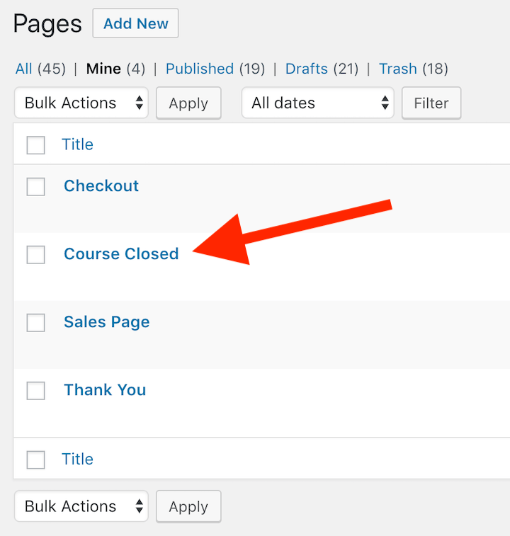 Course Closed WordPress Page