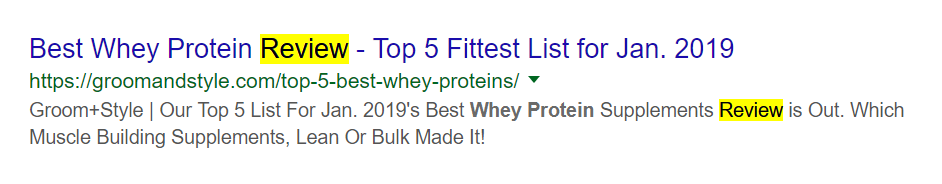 The title tag contains 'review' but the URL doesn't intitle search example