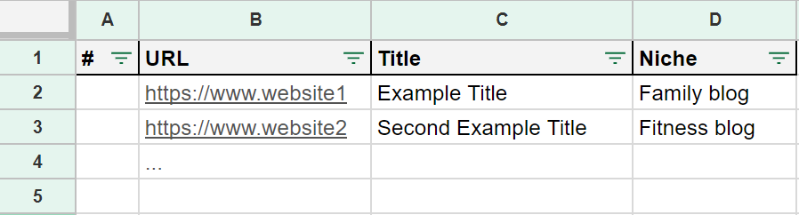 Create a spreadsheet with URL, title, and niche Link building spreadsheet example