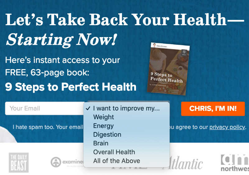 Chris-Kresser-above-the-fold-segmentation-drop-down-menu-optimized Chris Kresser opt-in form lead segmentation dropdown menu
