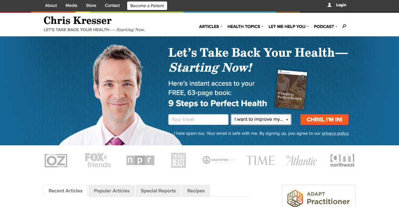 Chris-Kresser-above-the-fold-segmentation-optimized Chris Kressor old homepage and above-the-fold lead generation form