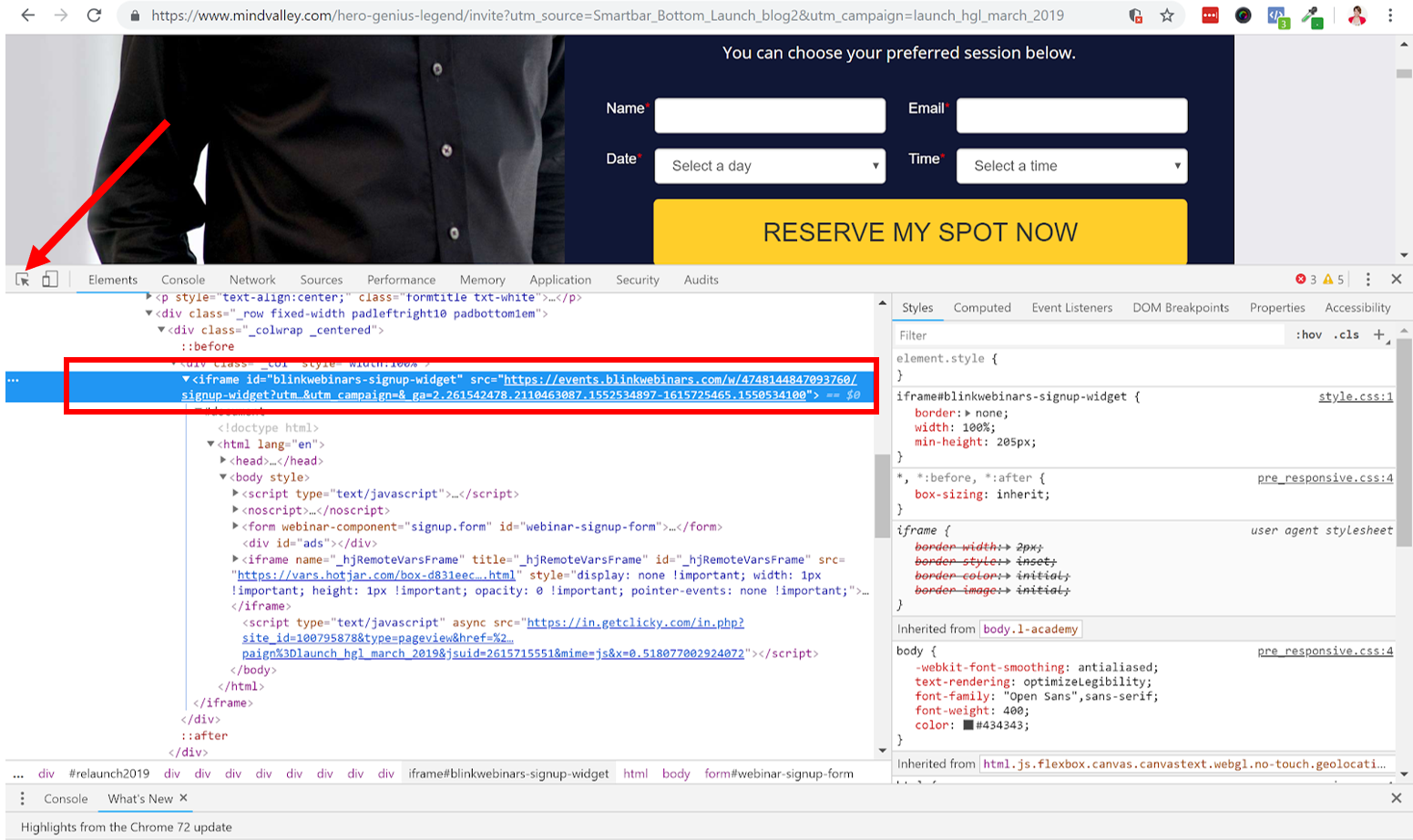pointer inspect webpage