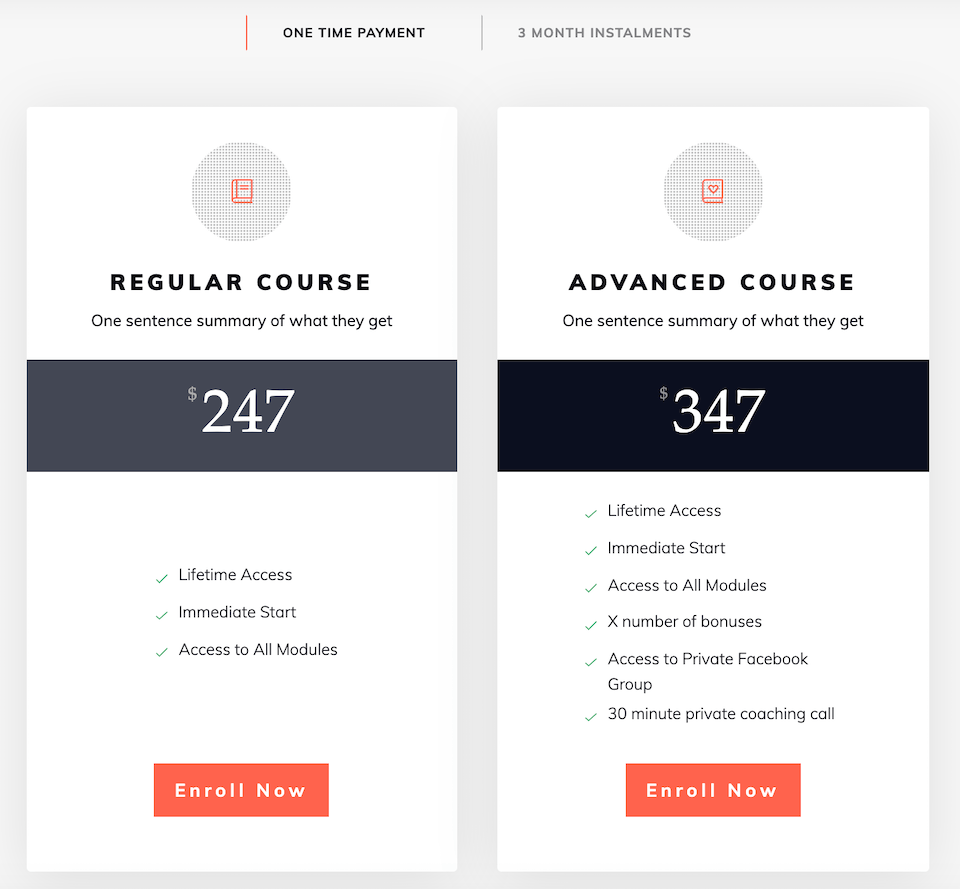 Pricing Table screenshot