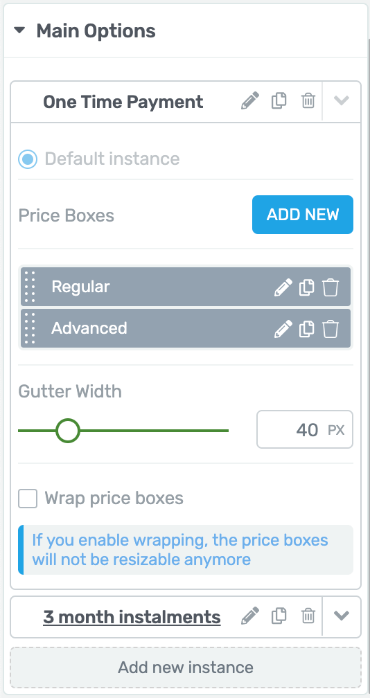 Pricing table settings