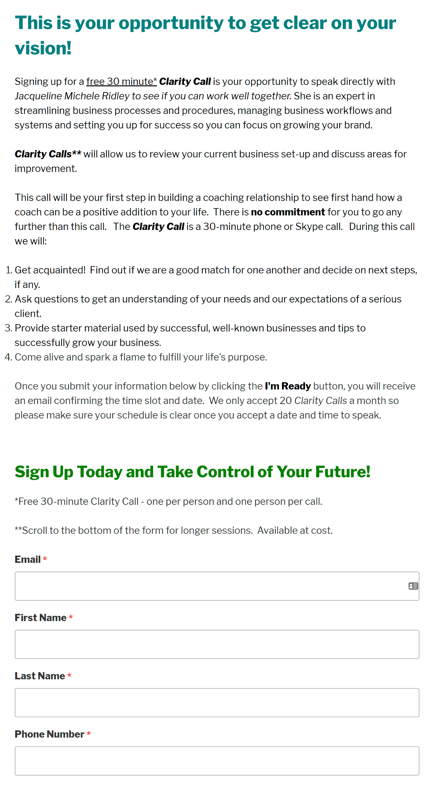 example of an offer page to attract clients