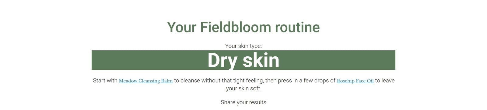 skin-quiz-result-dry-skin-routine-thrive-quiz-builder A skin quiz result on the Fieldbloom site: Your skin type: Dry skin, with a routine linking to the Meadow Cleansing Balm and the Rosehip Face Oil.